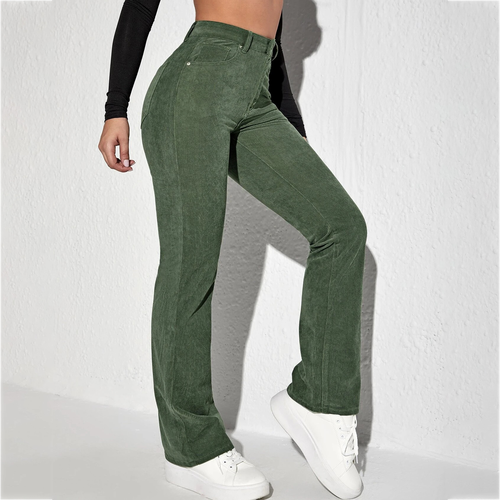Letter Patched Flare Leg Corduroy Pants - Green, L