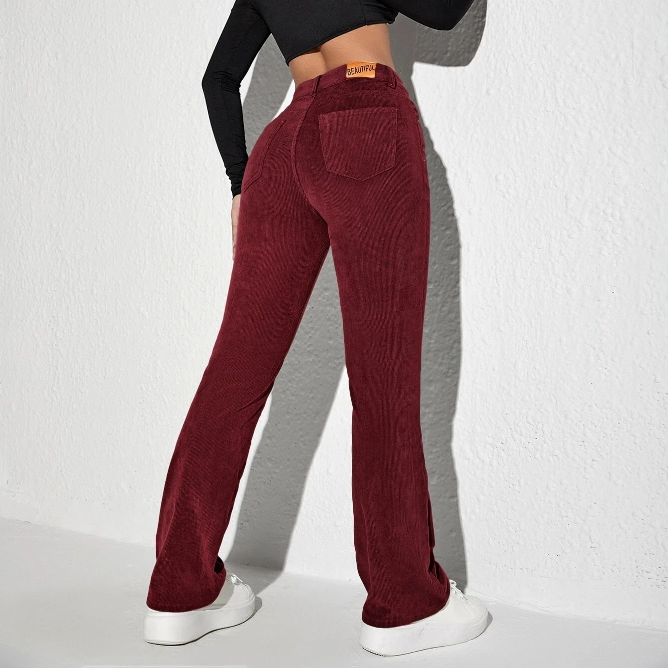 Letter Patched Flare Leg Corduroy Pants - Burgundy, S