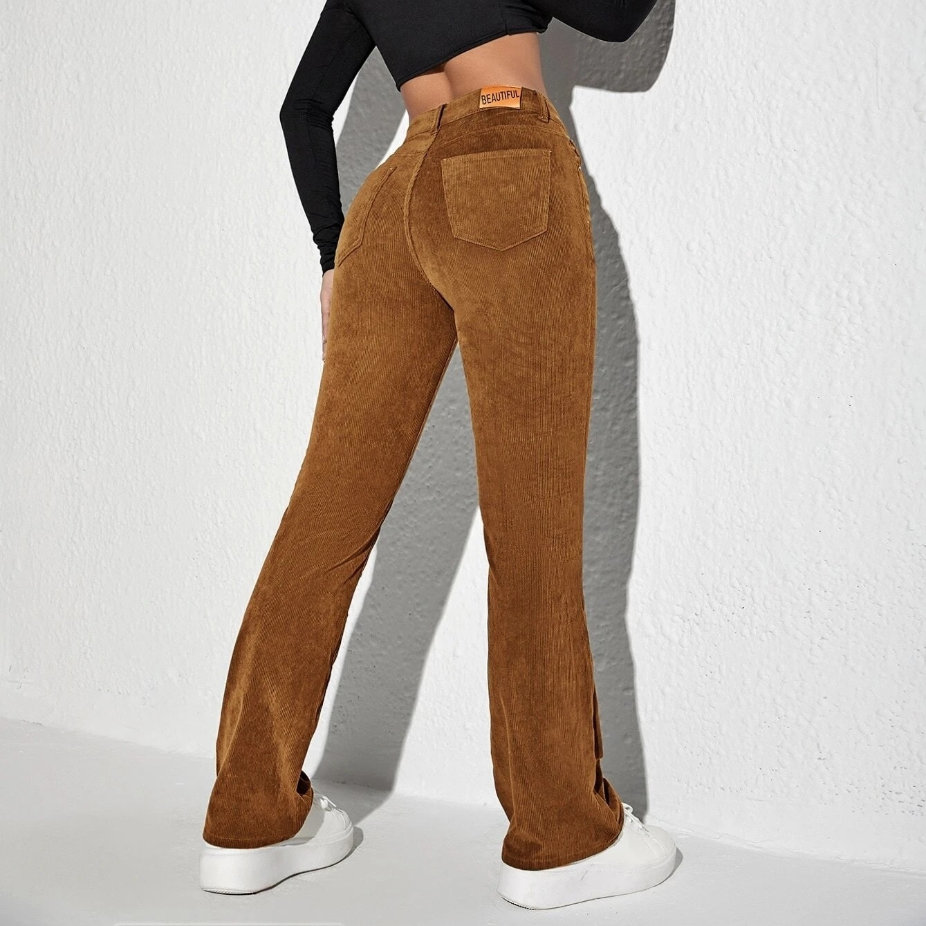 Letter Patched Flare Leg Corduroy Pants - Brown, S