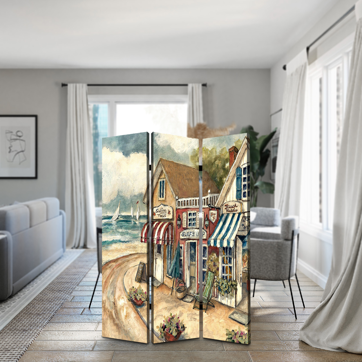 Foldable 3 Panel Canvas Screen With Seaside Town Print, Multicolor- Saltoro Sherpi