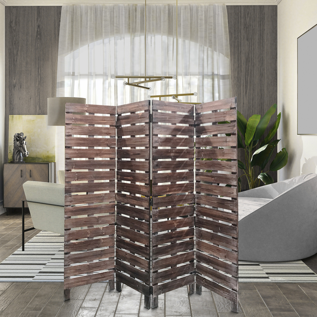 4 Panel Wooden Room Divider With Horizontal Planks, Brown- Saltoro Sherpi