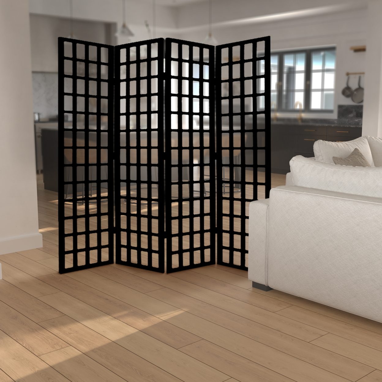 Wooden 4 Panel Foldable Window Pane Screen With Grid Design, Black- Saltoro Sherpi