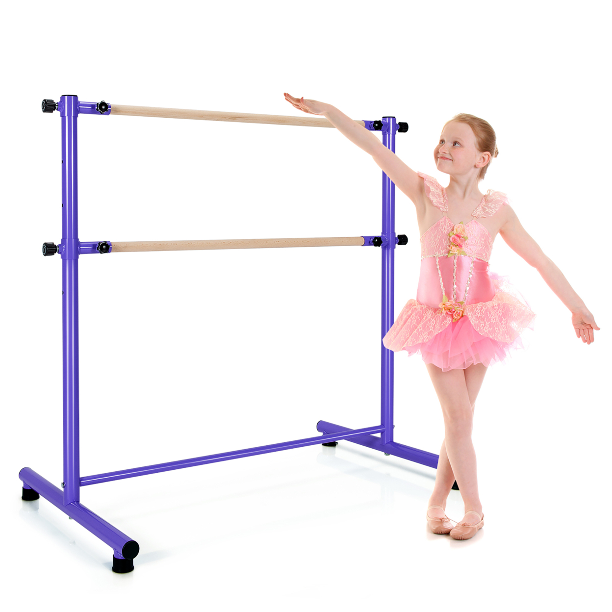 Portable 4FT Freestanding Double Dancing Ballet Barre Bar W/ 5 Adjustable Heights - Purple