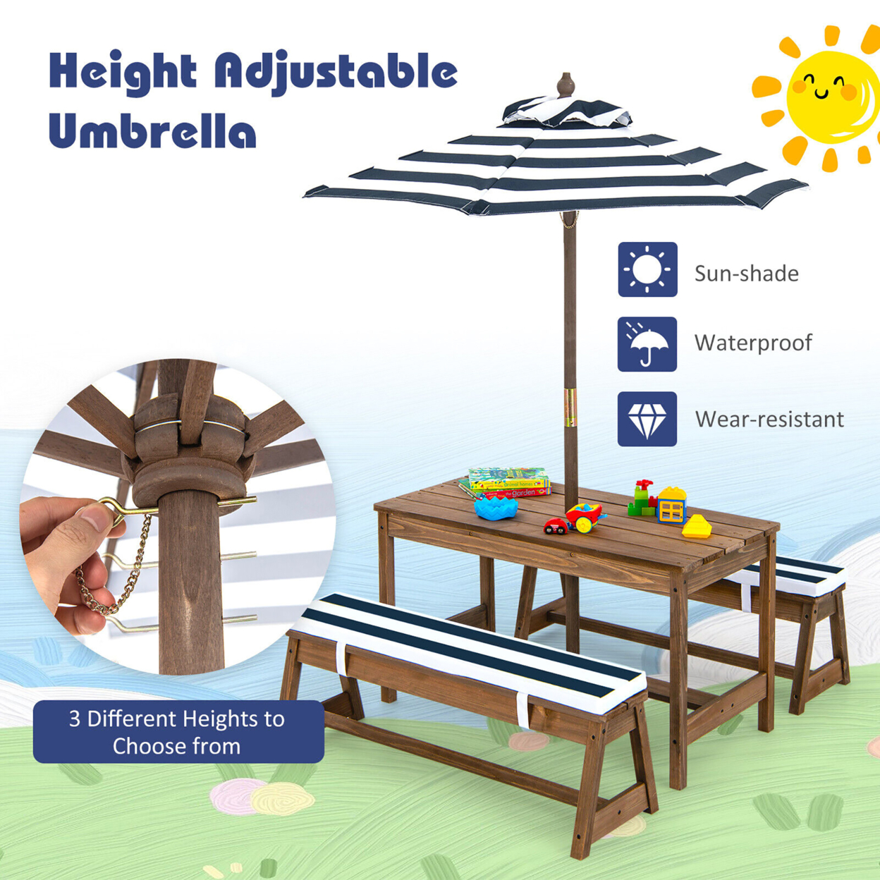 Kids Wood Picnic Table And Bench Set W/ Cushions Umbrella For Indoor Outdoor - Blue