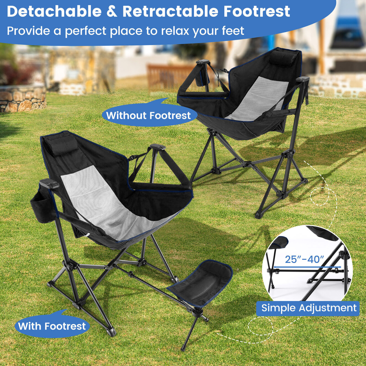 Hammock Camping Chair W/ Retractable Footrest & Carrying Bag For Camping Picnic - Black
