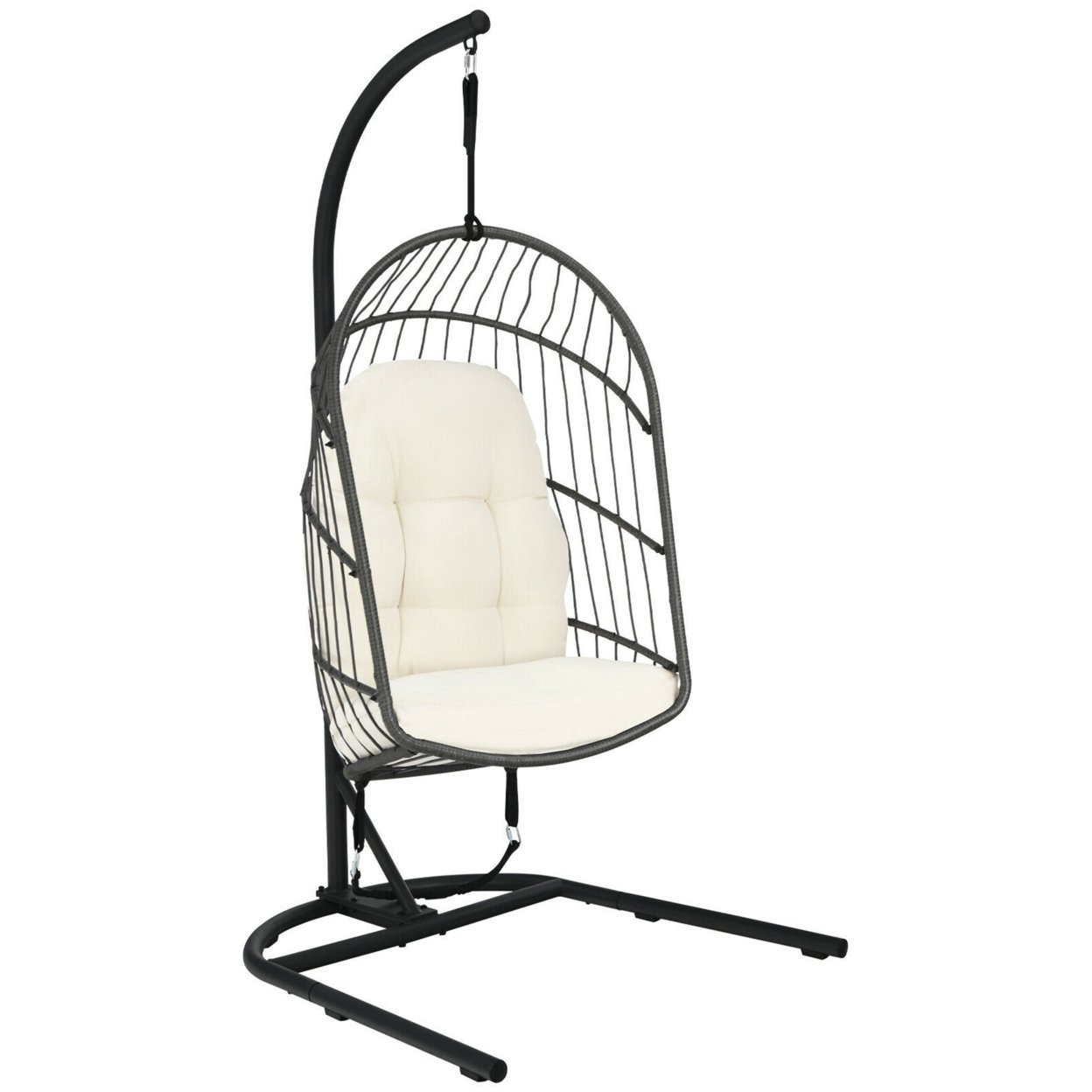 Hanging Hammock Egg Chair Patio Rattan Swing Chair W/ Stand & Cushions - Beige