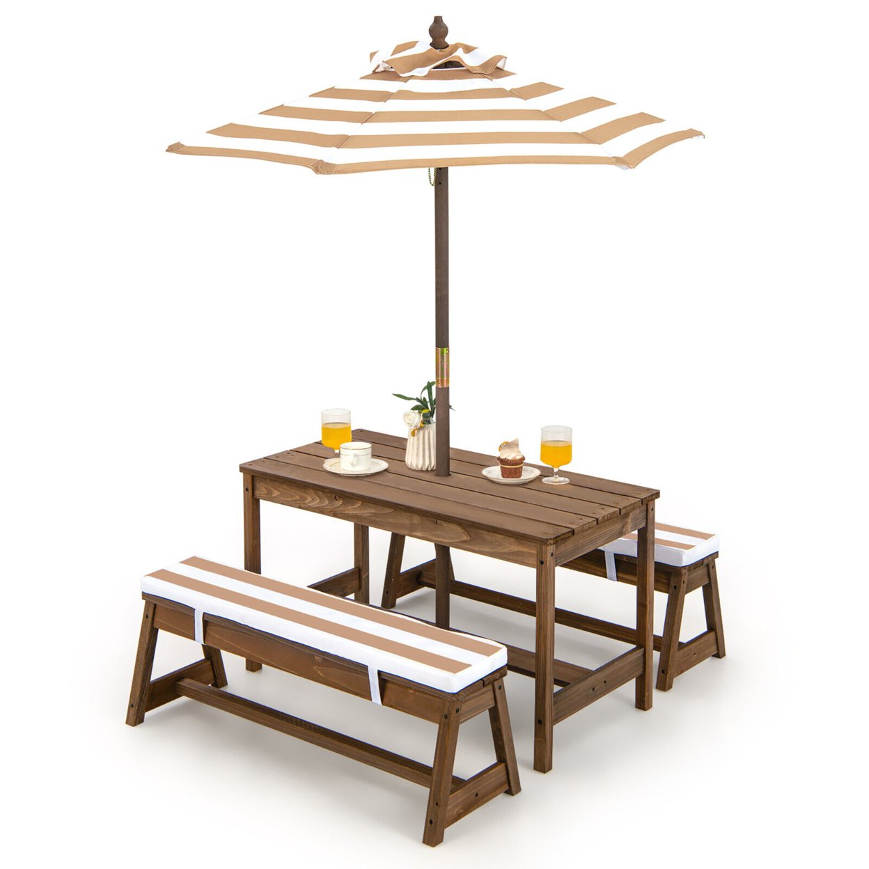 Kids Wood Picnic Table And Bench Set W/ Cushions Umbrella For Indoor Outdoor - Brown