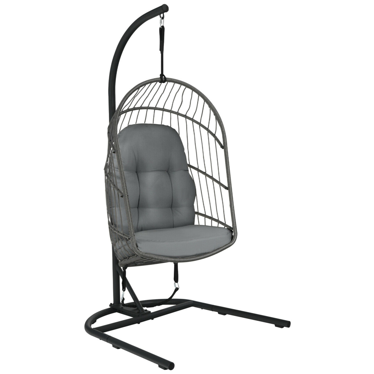 Hanging Hammock Egg Chair Patio Rattan Swing Chair W/ Stand & Cushions - Grey