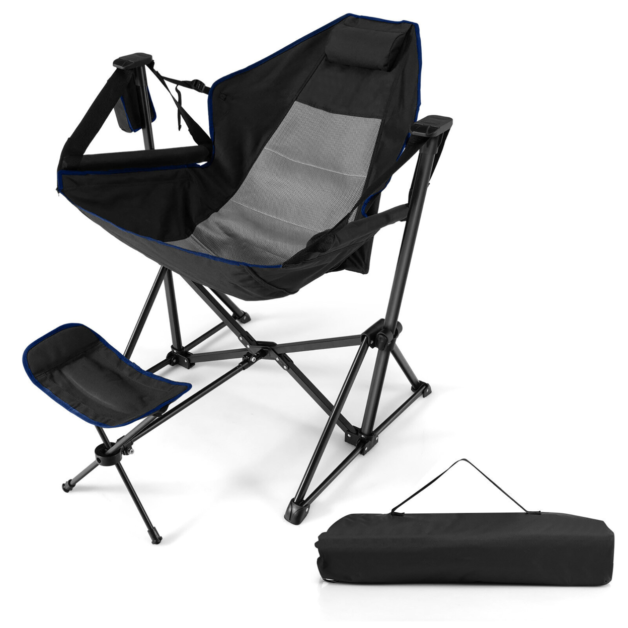 Hammock Camping Chair W/ Retractable Footrest & Carrying Bag For Camping Picnic - Black