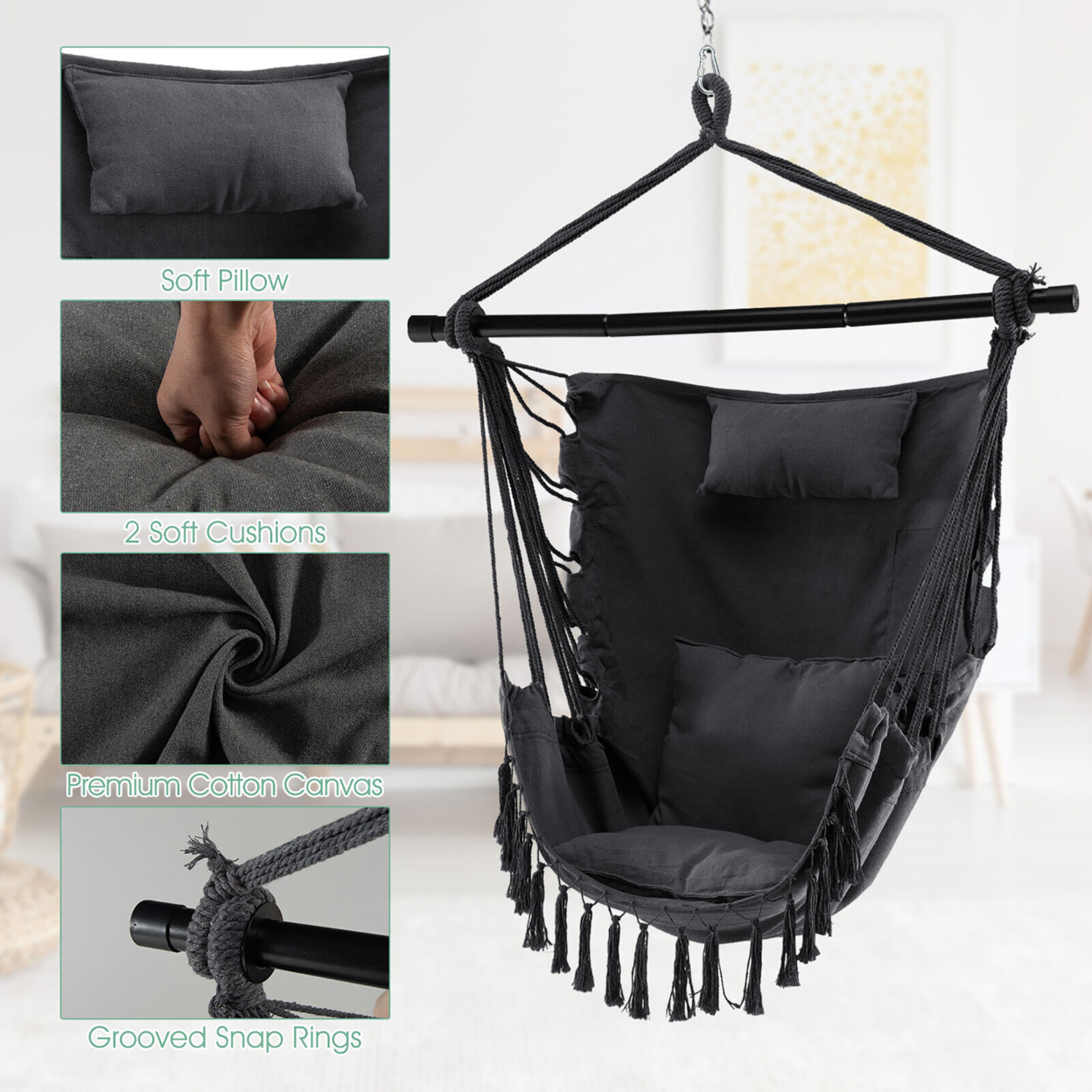 Hammock Chair W/ Soft Pillow Cushions Pocket Hanging Rope Swing Steel Bar - Gray