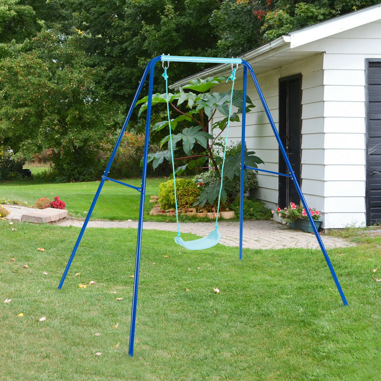 Outdoor Kids Swing Set Heavy Duty Metal A-Frame W/ Ground Stakes