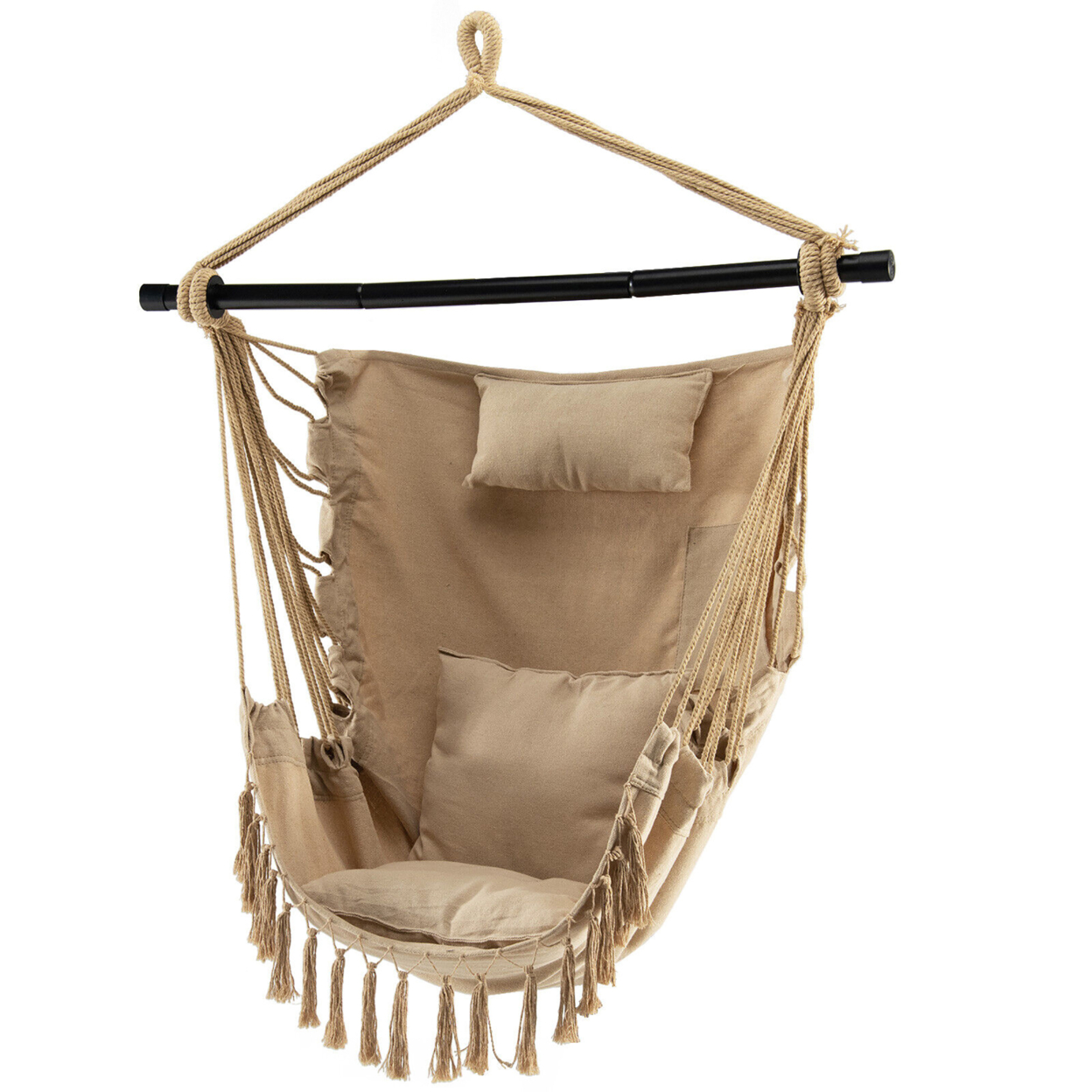 Hammock Chair W/ Soft Pillow Cushions Pocket Hanging Rope Swing Steel Bar - Beige