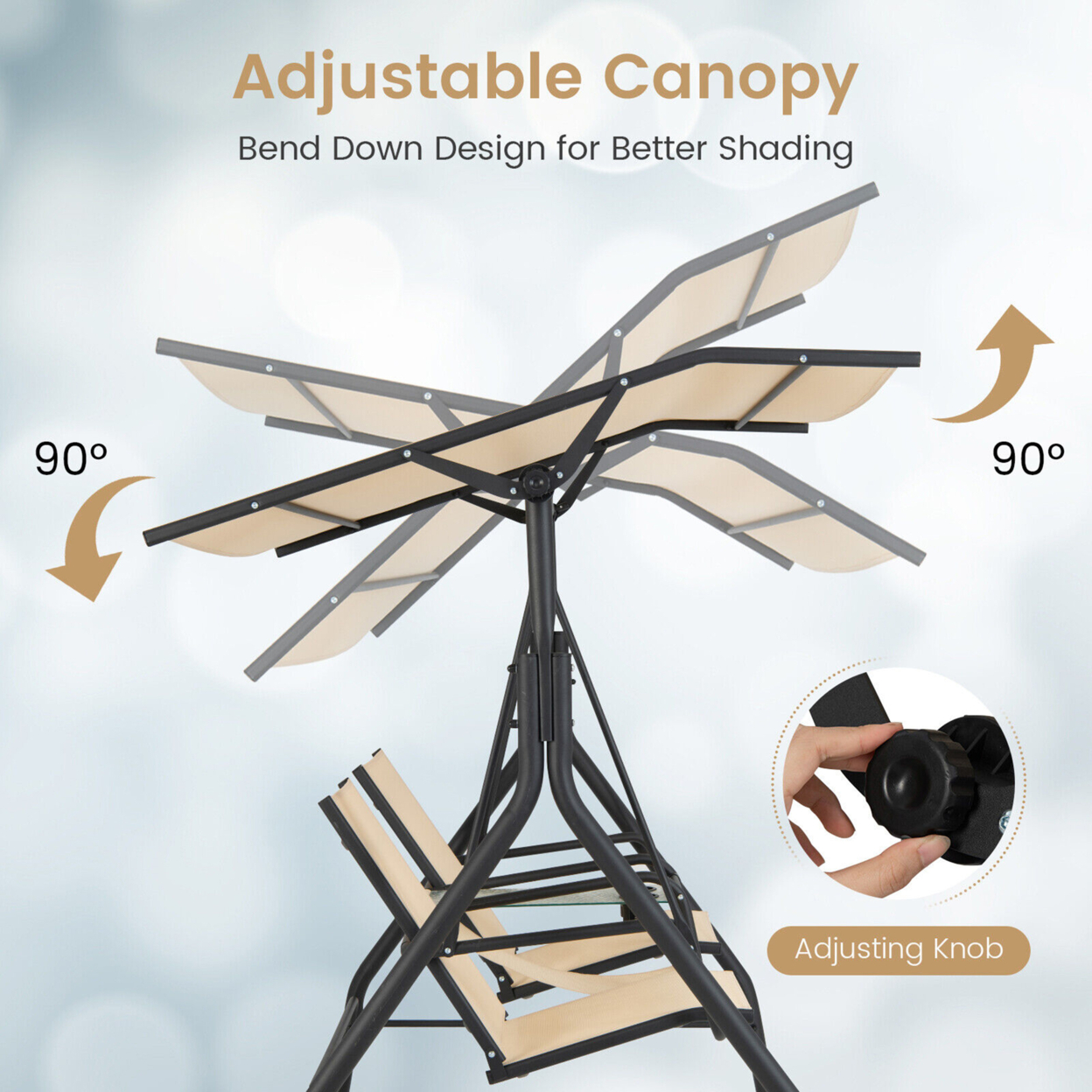 2-Person Porch Swing Adjustable Canopy Swing Chair W/ Tempered Glass Table