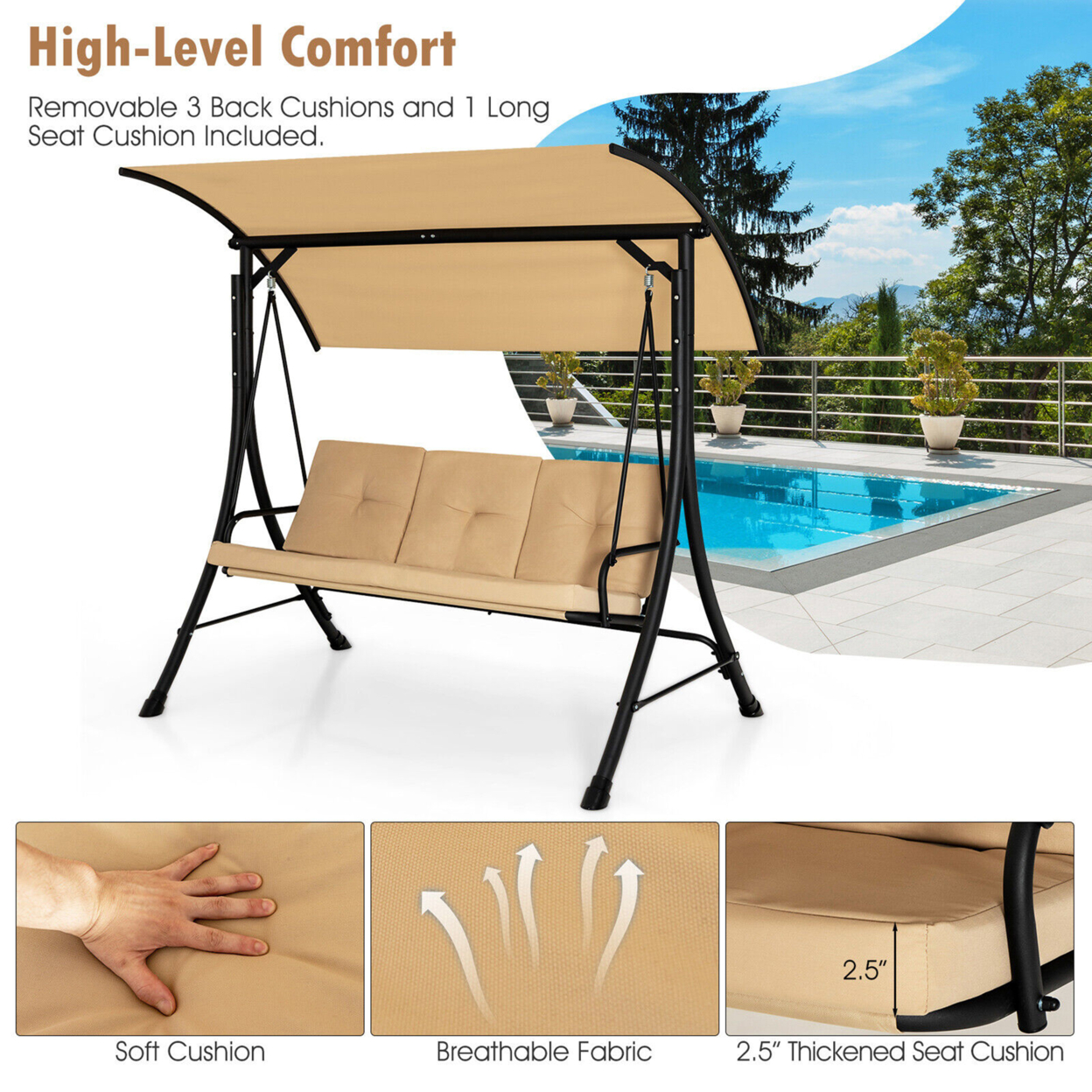 3 Person Patio Porch Swing Outdoor Swing Chair W/ Cushions & Adjustable Canopy