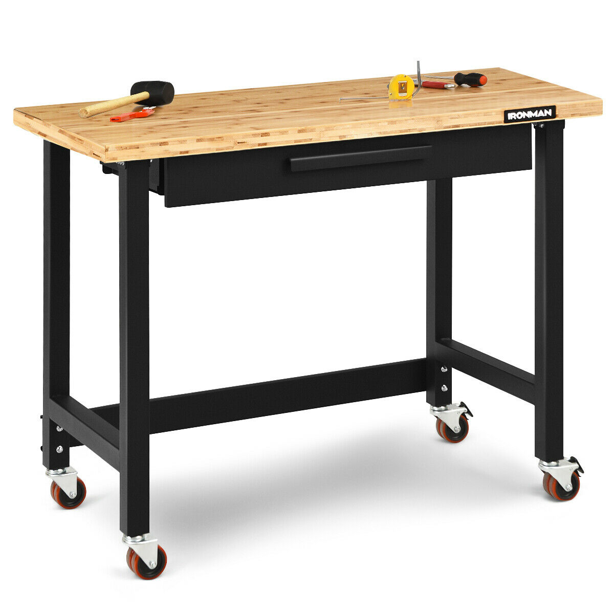 48 Inch Mobile Garage Workbench Bamboo Top With Casters And Organizer Drawer