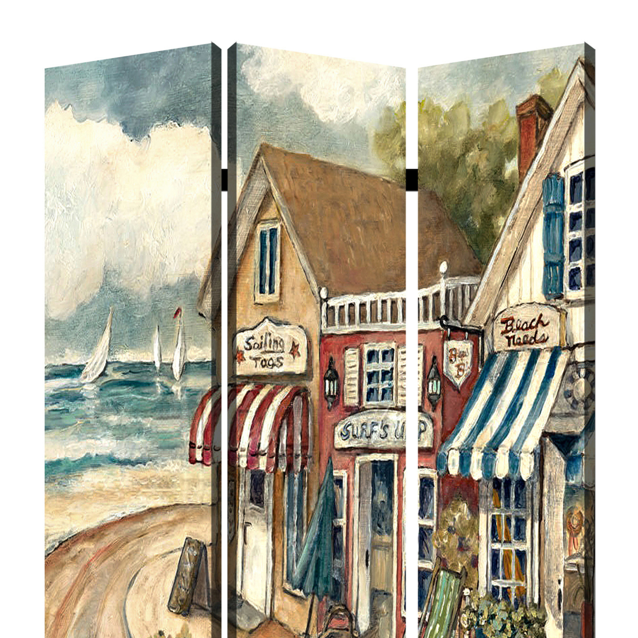 Foldable 3 Panel Canvas Screen With Seaside Town Print, Multicolor- Saltoro Sherpi