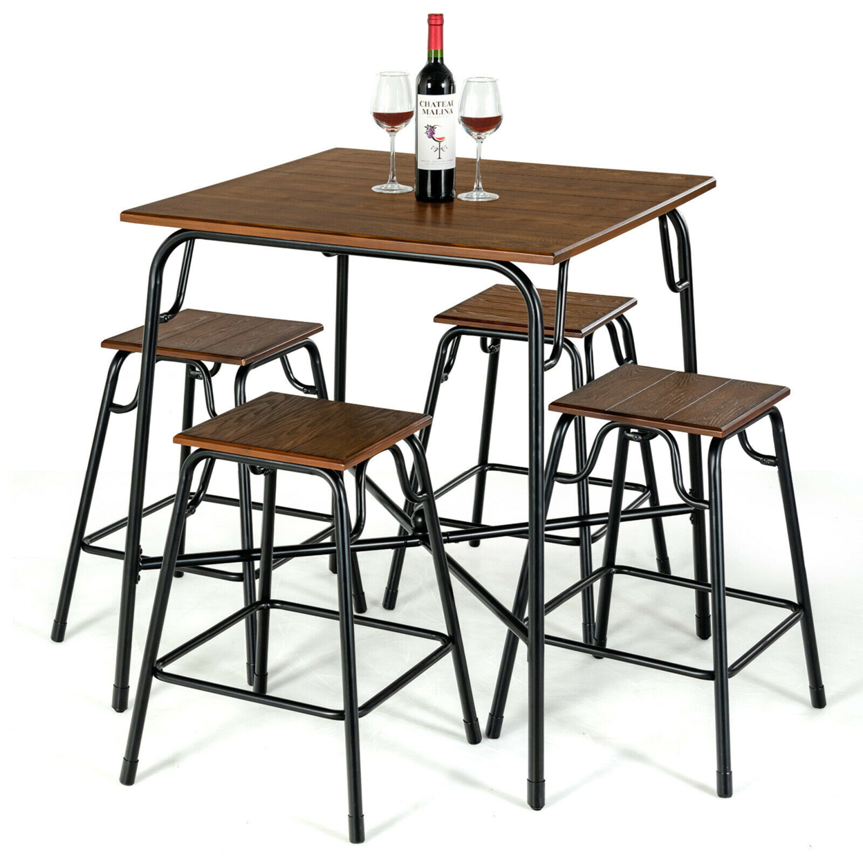 5PCS Bar Table Set Counter Height Dining Set W/ 4 Stools Rustic Brown