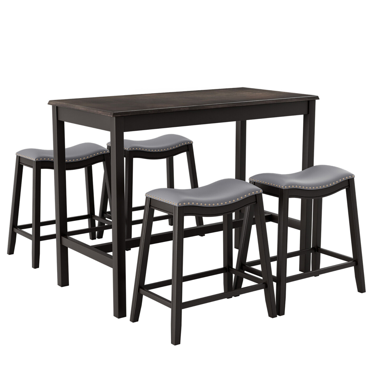 5PCS Bar Table Set Counter Height Table & Upholstered Saddle Stools Set For 4