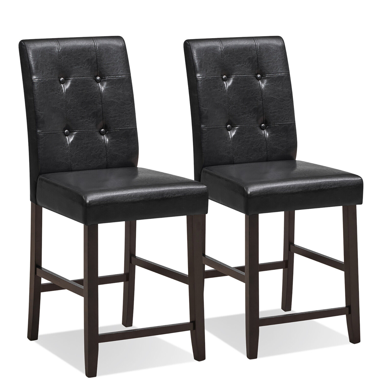 Set Of 2 Bar Stools Tufted Counter Height Pub Kitchen Chairs W/ Rubber Wood Legs