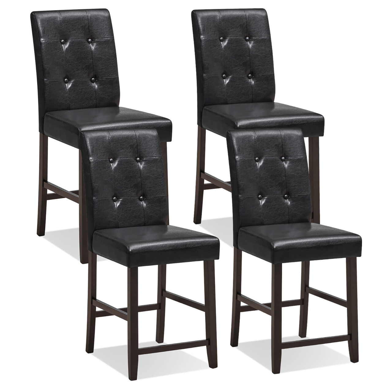 Set Of 4 Bar Stools Tufted Counter Height Pub Kitchen Chairs W/ Rubber Wood Legs