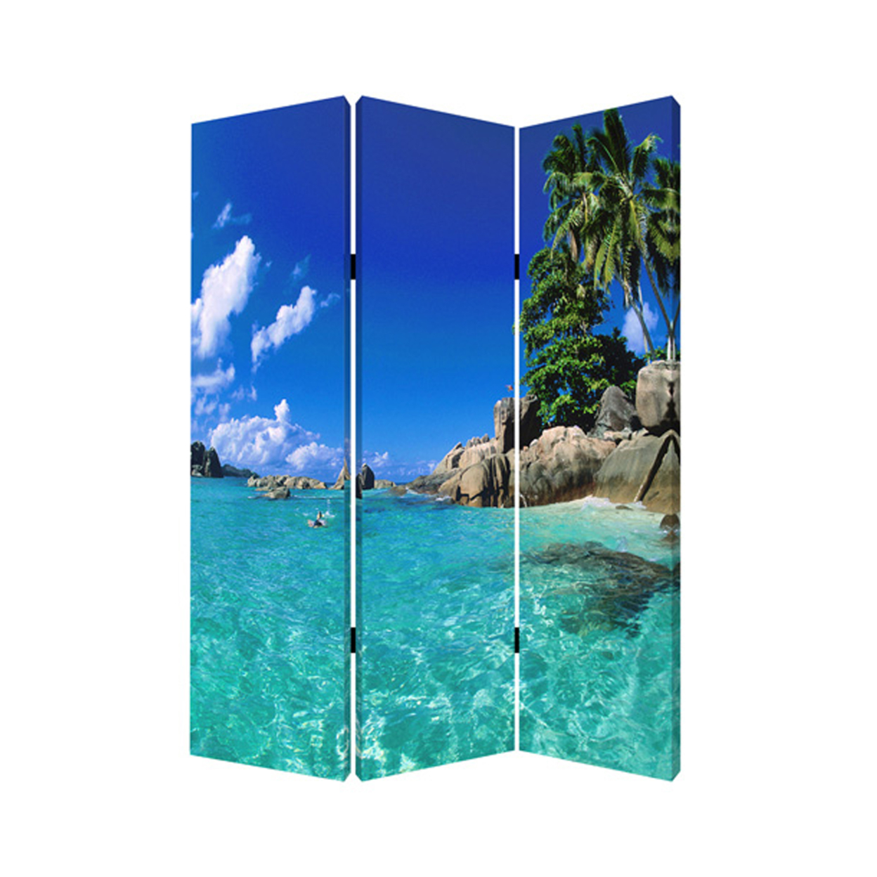 3 Panel Foldable Canvas Screen With Exotic Oceanside Print, Multicolor- Saltoro Sherpi
