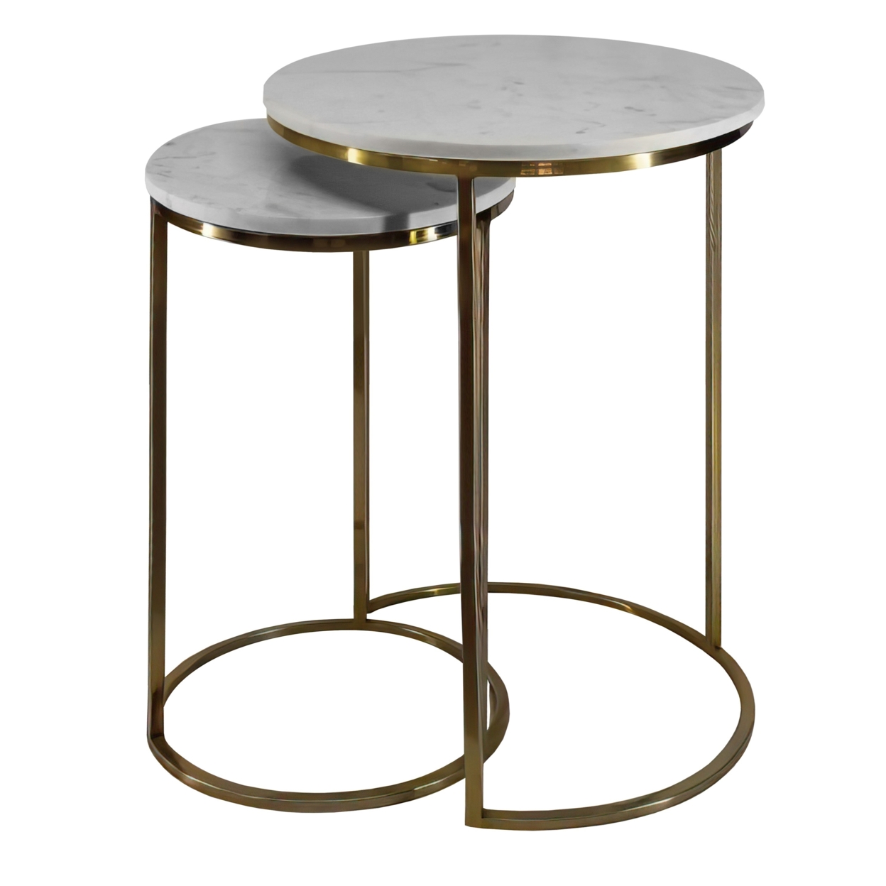 21, 18 Inch Transitional Style Round Marble Top Nesting End Table, Set Of 2, Metal Frame, White, Shiny Brass- Saltoro Sherpi