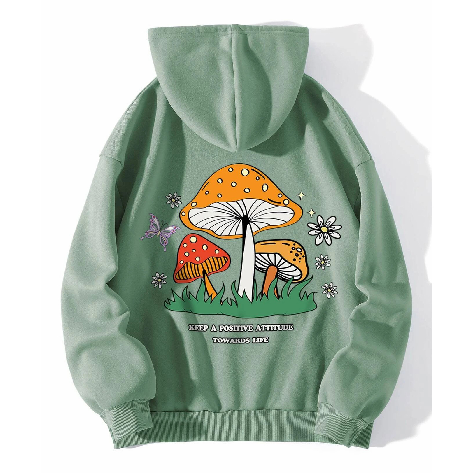 Mushroom And Slogan Graphic Kangaroo Pocket Thermal Lined Drawstring Hoodie - Mint Green, Medium(6)