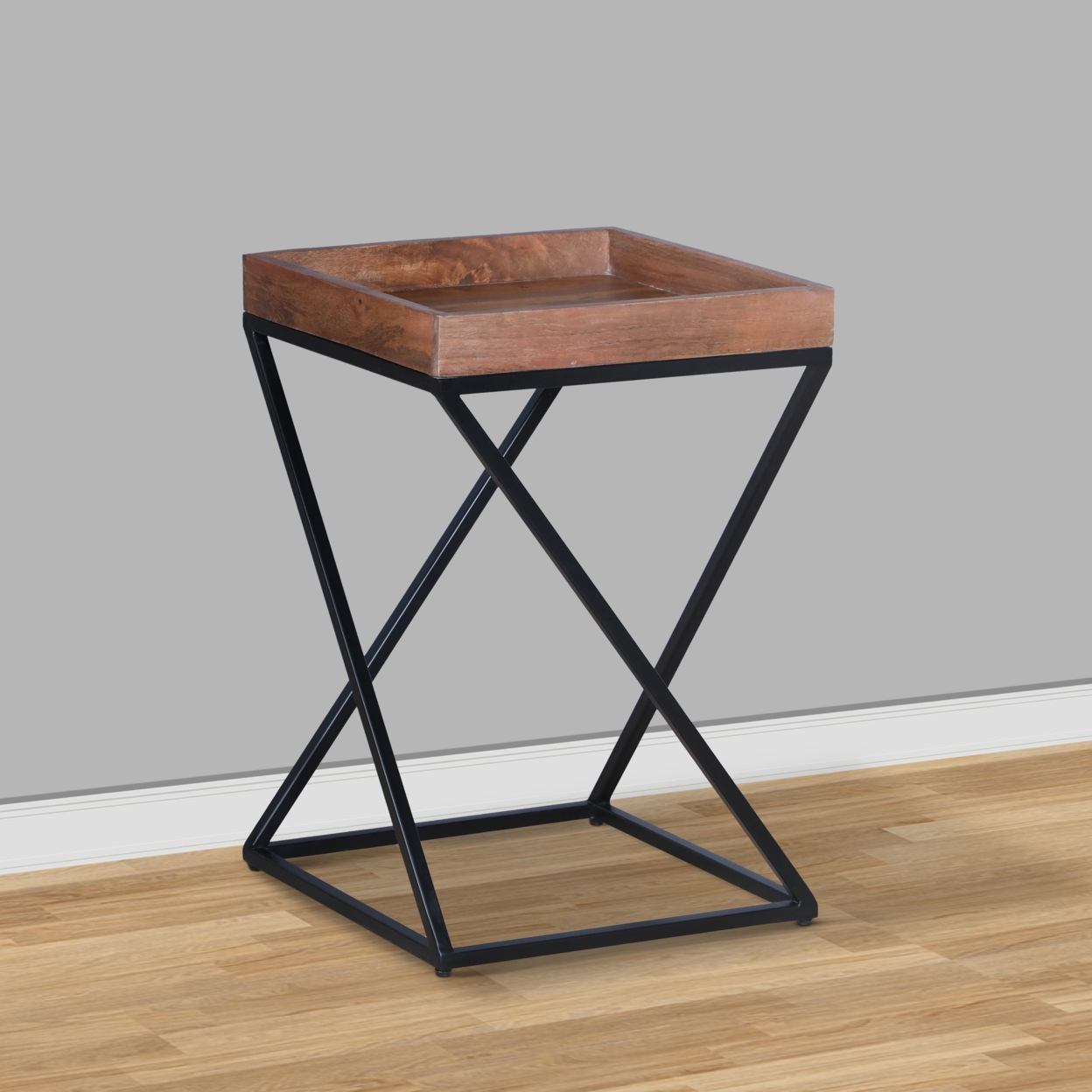 22 Inch Industrial End Side Table With Mango Wood Tray Top, X Shape Iron Frame, Brown, Black- Saltoro Sherpi