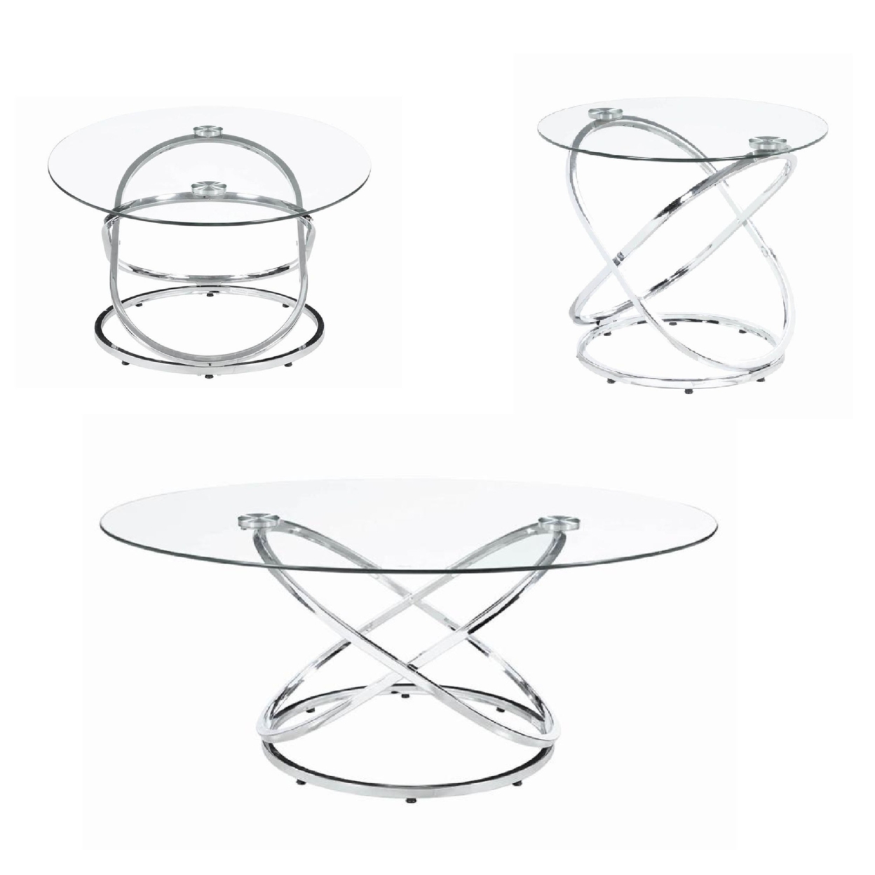 Modern 3 Piece Coffee Table Set With 2 End Tables, Glass Tabletop, Chrome- Saltoro Sherpi