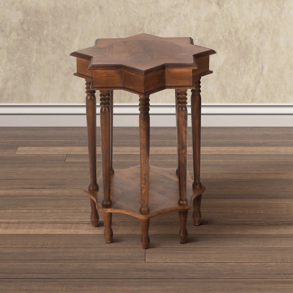 22 Inch French Design Handcrafted Mango Wood Side Table With Star Shape, Brown- Saltoro Sherpi