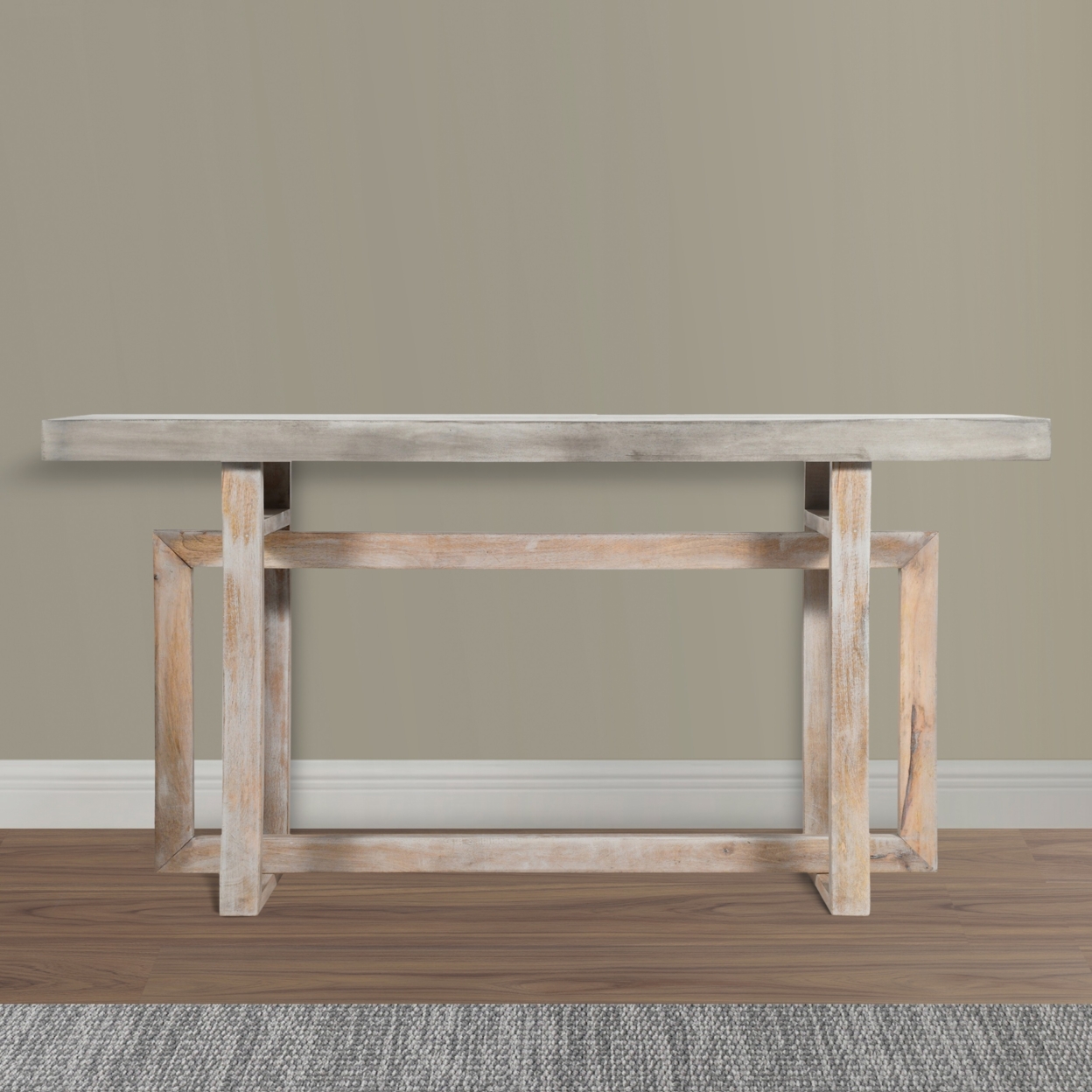 59 Inch Artisan Crafted Farmhouse Console Table With Geometric Interlocked Base, Rustic Light Brown- Saltoro Sherpi