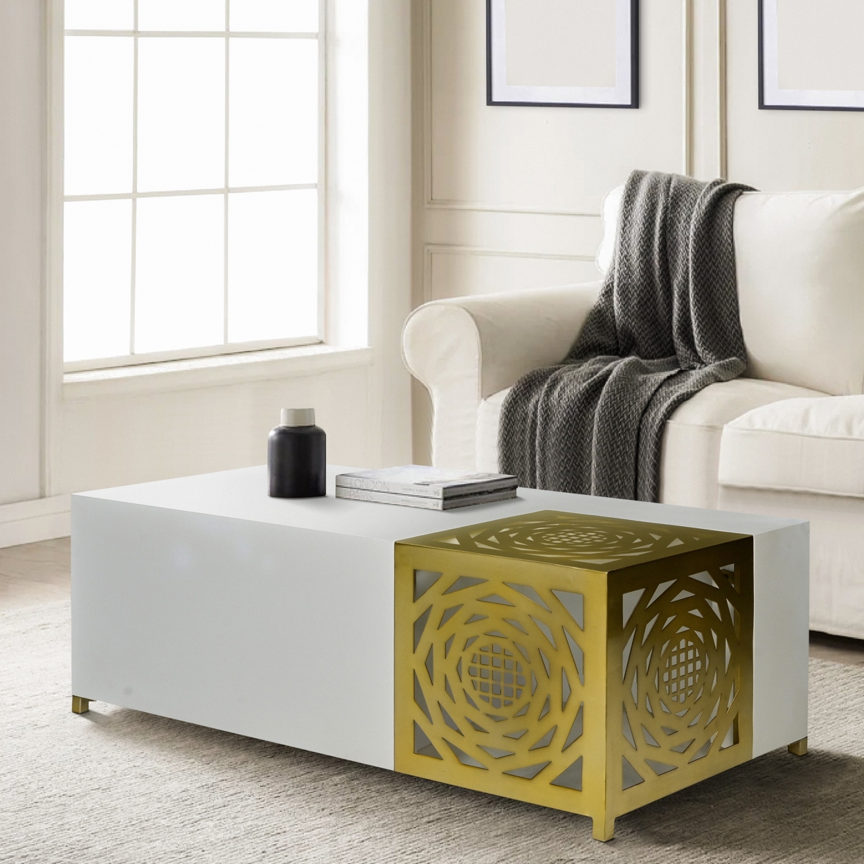 48 Inch Rectangular Modern Coffee Table With Geometric Cut Out Design, White And Brass- Saltoro Sherpi