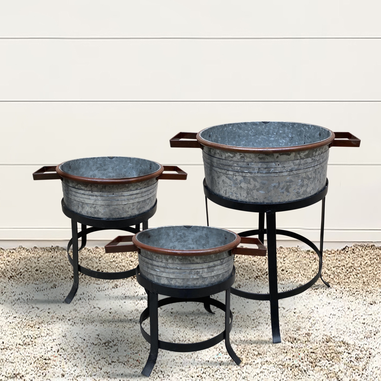 21, 18, And 16 Inch 3 Piece Round Tub Metal Planter Set With Stand In Galvanized Gray And Black Iron- Saltoro Sherpi