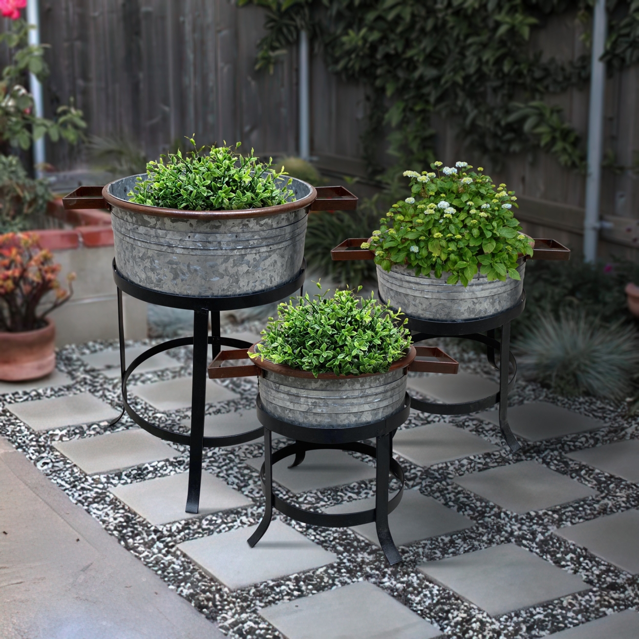 21, 18, And 16 Inch 3 Piece Round Tub Metal Planter Set With Stand In Galvanized Gray And Black Iron- Saltoro Sherpi