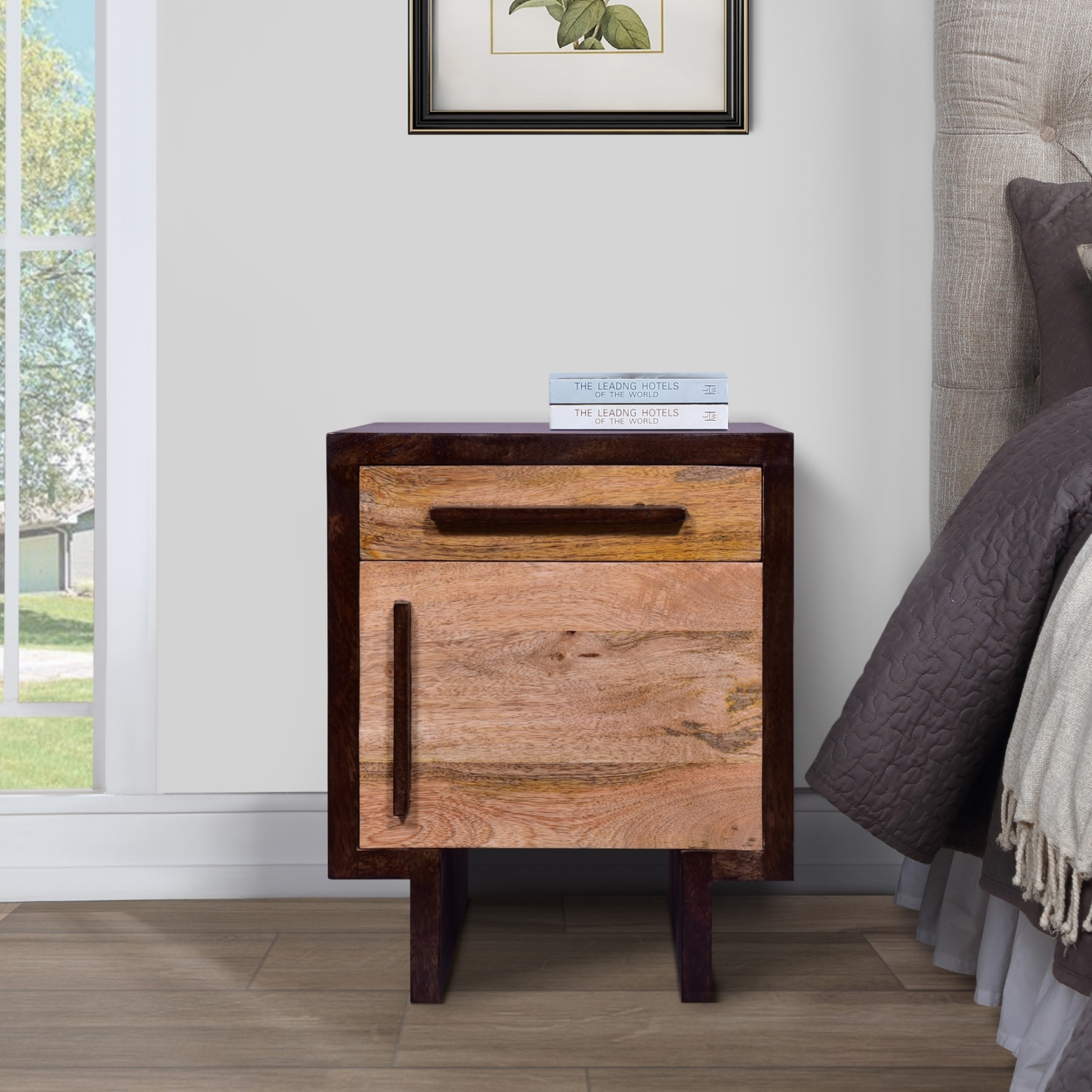 18.5 Inch Single Modern Contemporary Style Mango Wood Nightstand Side Table With 1 Drawer And Door, Cafe And Natural Brown- Saltoro Sherpi