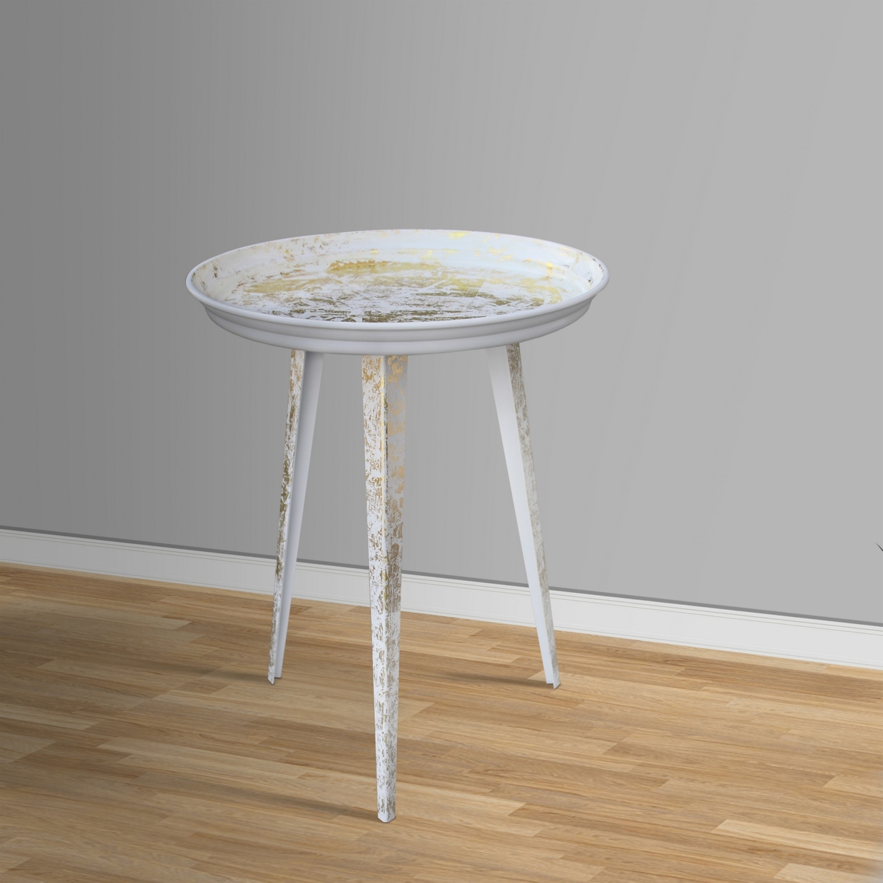 20 Inch Artisanal Industrial Round Tray Top Iron Side End Table, Tripod Base, Distressed White, Gold- Saltoro Sherpi
