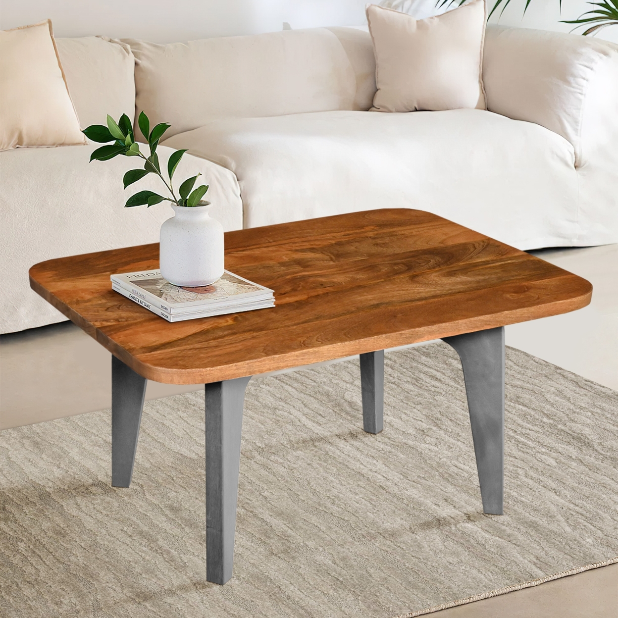 Wade 28 Inch Handcrafted Rectangular Coffee Table, Solid Natural Brown Mango Wood, Inverted U Shape Legs- Saltoro Sherpi
