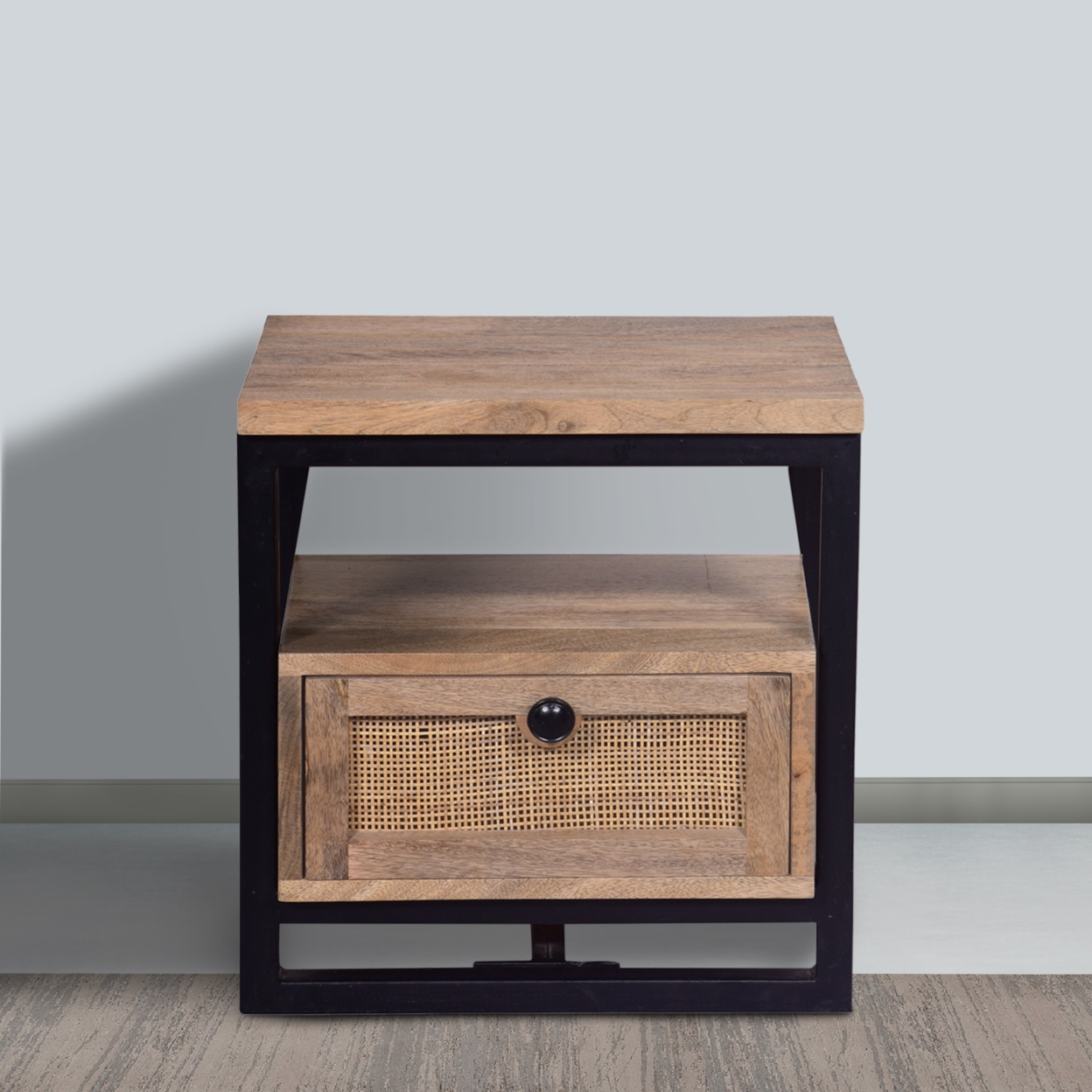 18 Inch Nightstand End Table, 1 Drawer, Open Storage, Natural Brown Mango Wood With A Rectangular Black Iron Frame- Saltoro Sherpi