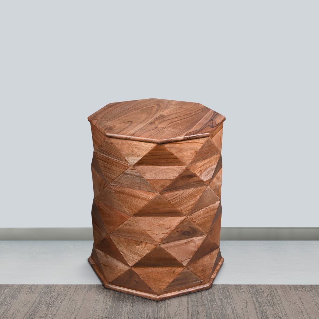 23 Inch Handcrafted Drum Side Accent Table With A Multifaceted Diamond Cut Design, Natural Brown Acacia Wood- Saltoro Sherpi