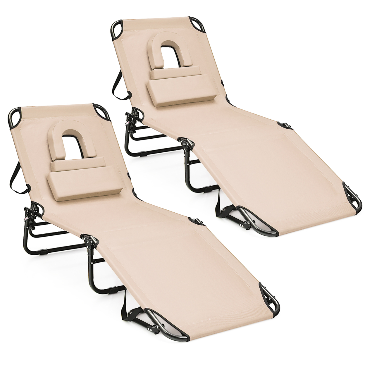 2PCS 5-Position Lounge Chair Adjustable Beach Chaise W/ Face Cavity & Pillows - Beige,Black