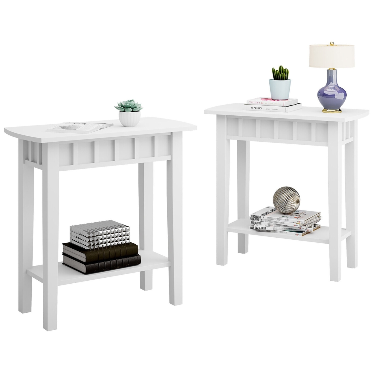 2PCS 2-tier Side End Sofa Coffee Table Nightstand For Bedroom Living Room - White
