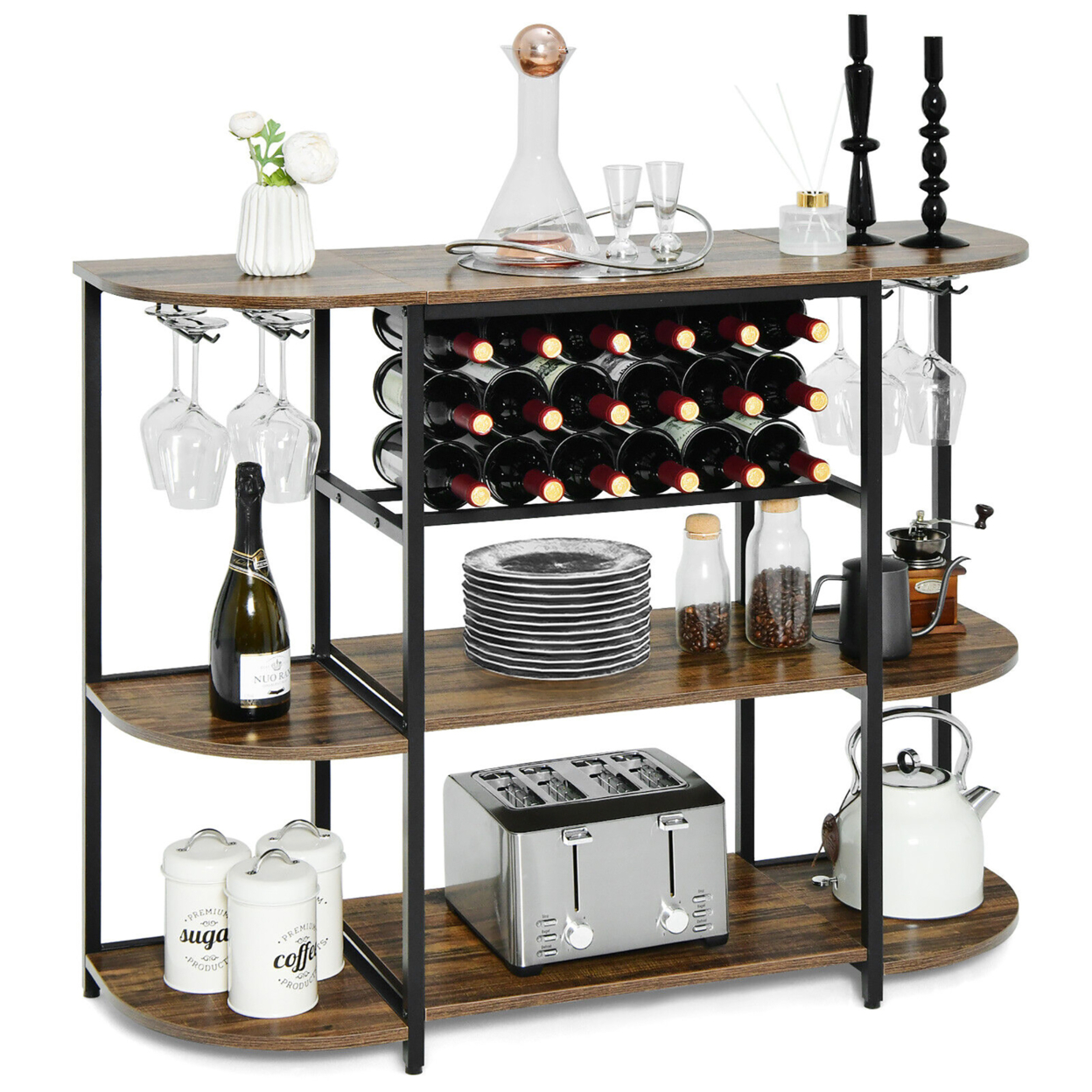 Wine Rack Table Coffee Bar Cabinet Freestanding Liquor Stand Glass Holder - Rustic Brown