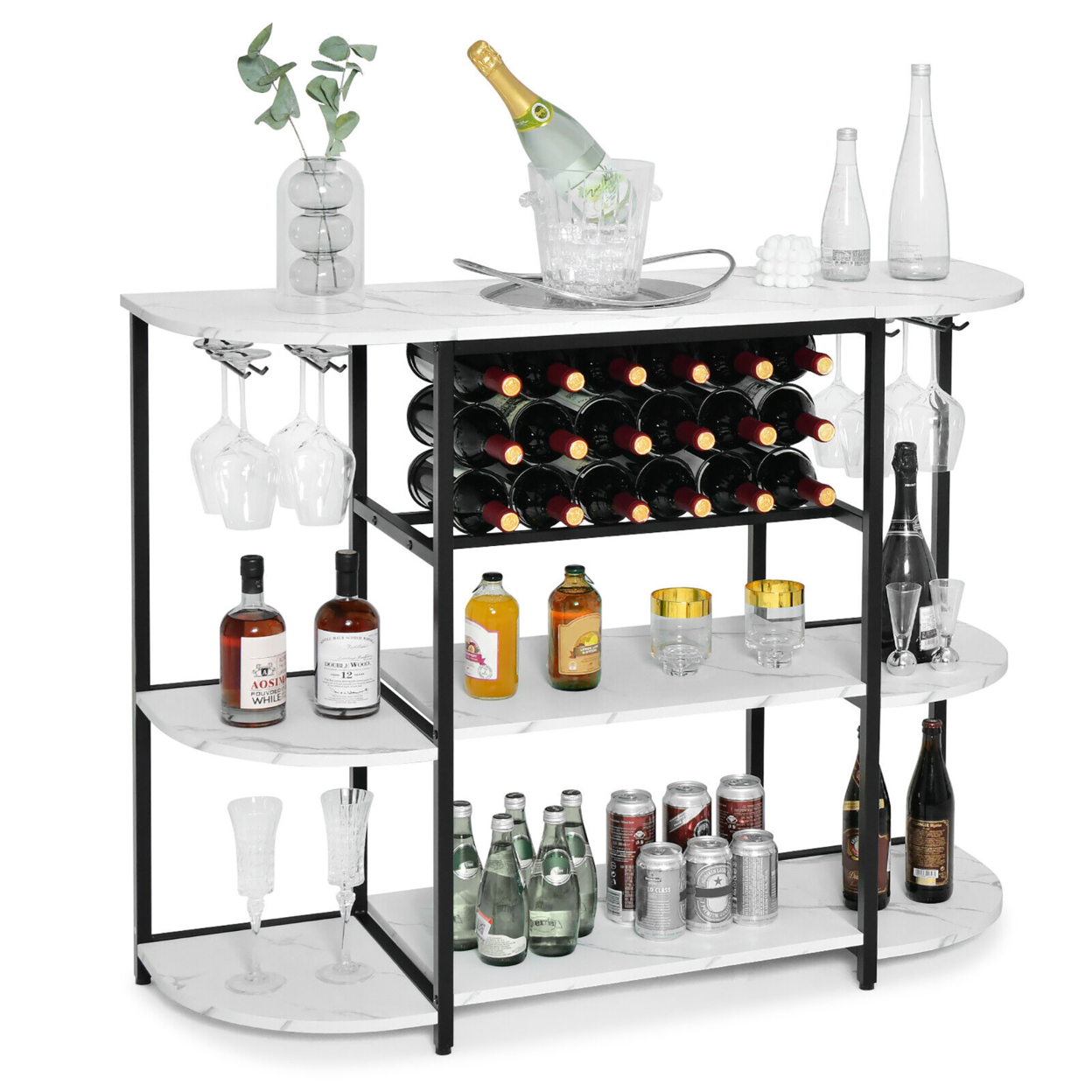 Wine Rack Table Coffee Bar Cabinet Freestanding Liquor Stand Glass Holder - White
