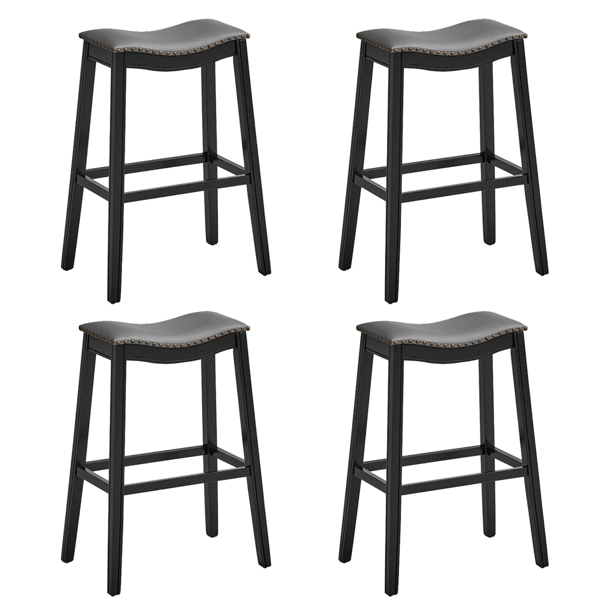 Set Of 4 Saddle Bar Stools Bar Height Kitchen Chairs W/ Rubber Wood Legs - Black