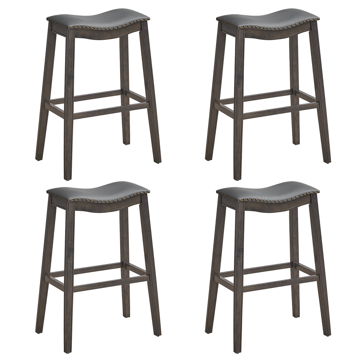 Set Of 4 Saddle Bar Stools Bar Height Kitchen Chairs W/ Rubber Wood Legs - Brown