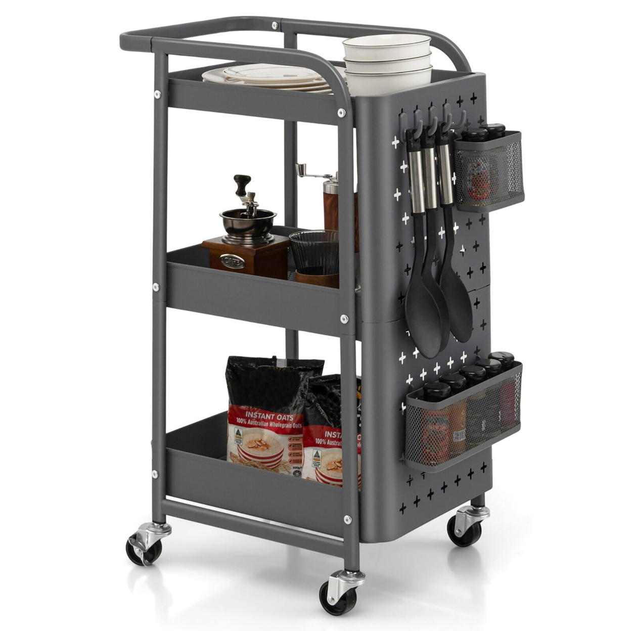 3-Tier Utility Storage Cart Metal Rolling Trolley W/ DIY Pegboard Baskets - Grey
