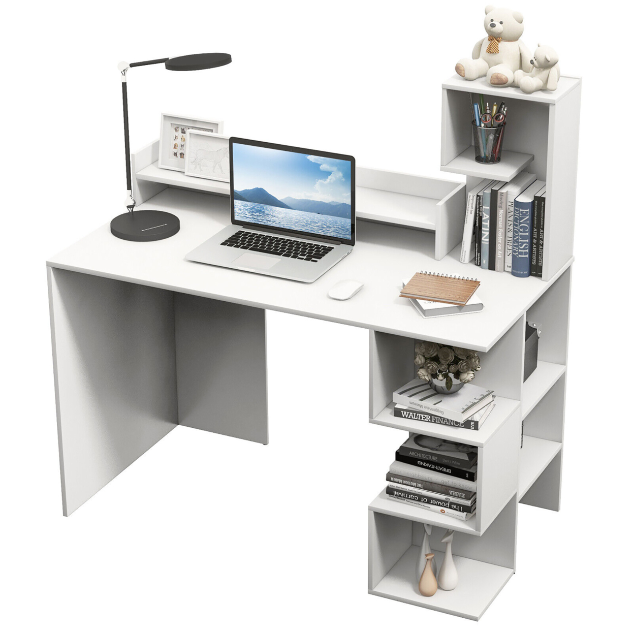 48'' Modern Computer Desk Home Office Workstation W/ Hutch & Storage Shelves - White