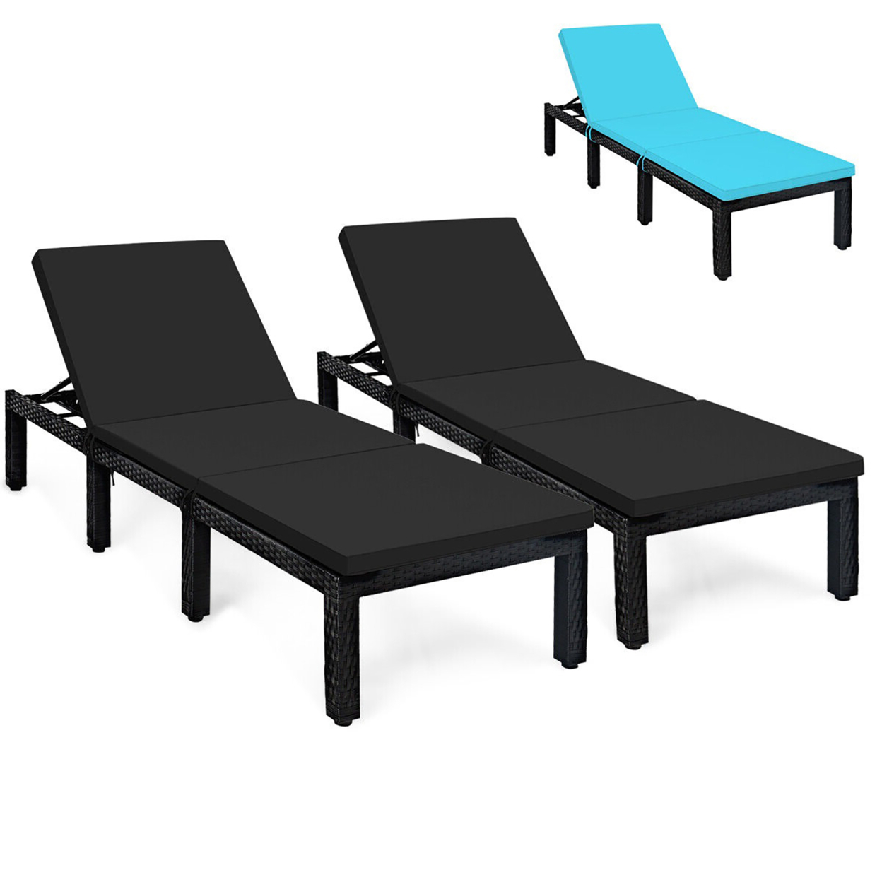 2PCS Adjustable Rattan Patio Chaise Lounge Chair Couch W/ Black & Turquoise Cushion