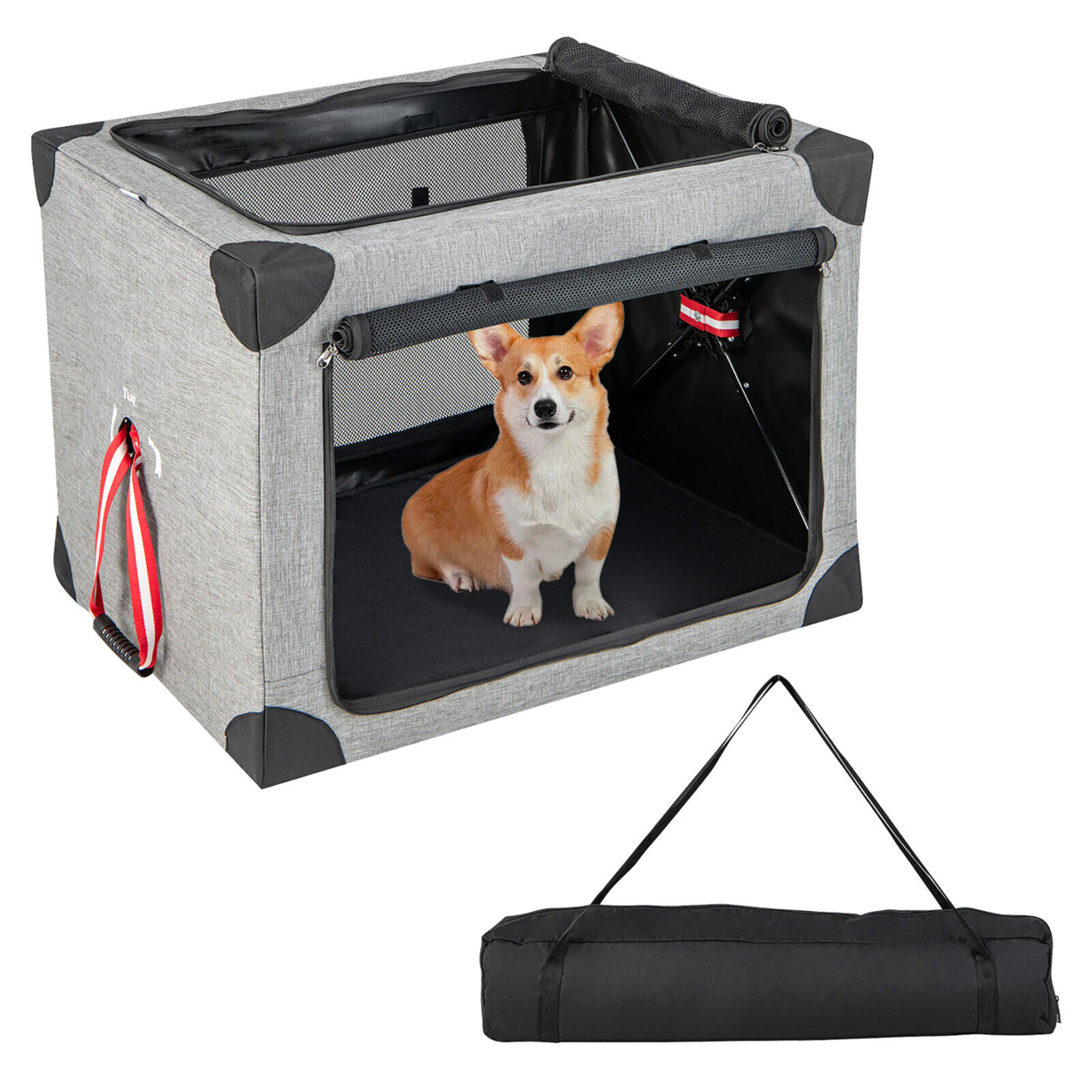 26/32/37 In Portable Folding Dog Crate W/ Mesh Mat & Locking Zippers For Cat Carrier Use - M