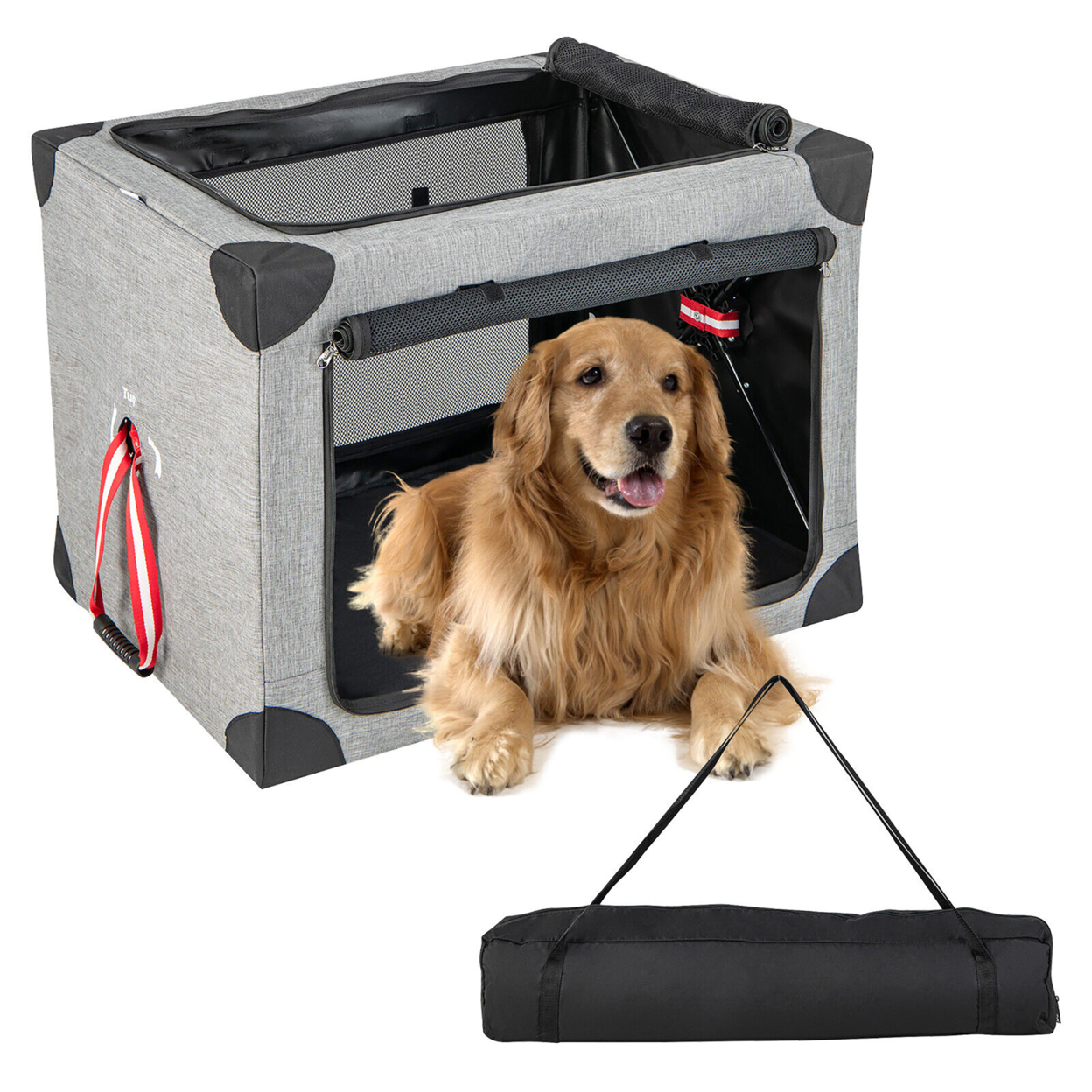 26/32/37 In Portable Folding Dog Crate W/ Mesh Mat & Locking Zippers For Cat Carrier Use - XL